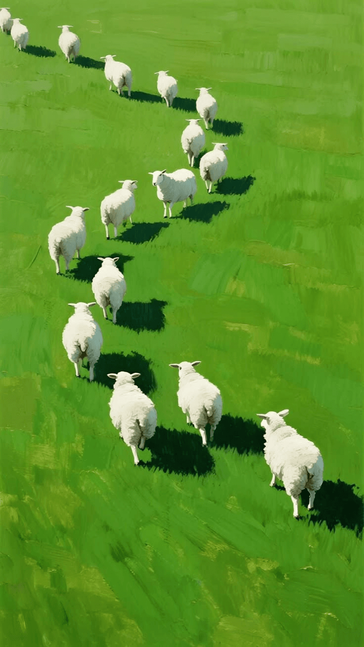 White sheep crossing a vivid green field
